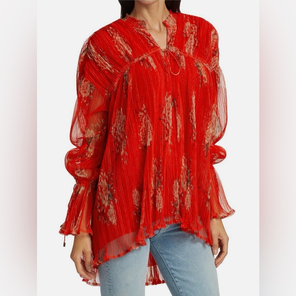 Free People Red Floral Pleated Boho Tunic Blouse Bell Sleeve Small - Picture 2 of 7